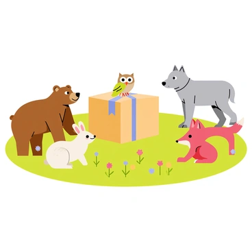 A variety of animals forming a protective circle around an unopened box in a green meadow. The circle includes a brown bear with thick fur, a sleek gray wolf, a small fluffy rabbit with white fur, a wise old owl perched on the box, and a playful red fox. Each animal is positioned attentively, gazing towards the box with bright eyes. The meadow is dotted with colorful wildflowers, and a clear blue sky can be seen overhead, creating a vibrant atmosphere for the scene.
