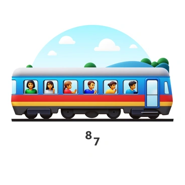 A train consisting of 8 cars, each car smoothly connected in a line. Seven of the cars are filled with passengers of diverse backgrounds, showcasing different clothing and expressions. The eighth car is empty, symbolizing the fraction "8/7". The train is set on tracks, surrounded by a clear sky and a distant landscape. Each passenger is actively engaged in conversation, looking out the windows, or using their devices, adding life to the scene. The train's exterior is sleek with vibrant colors, and the background includes a hint of trees and distant hills.