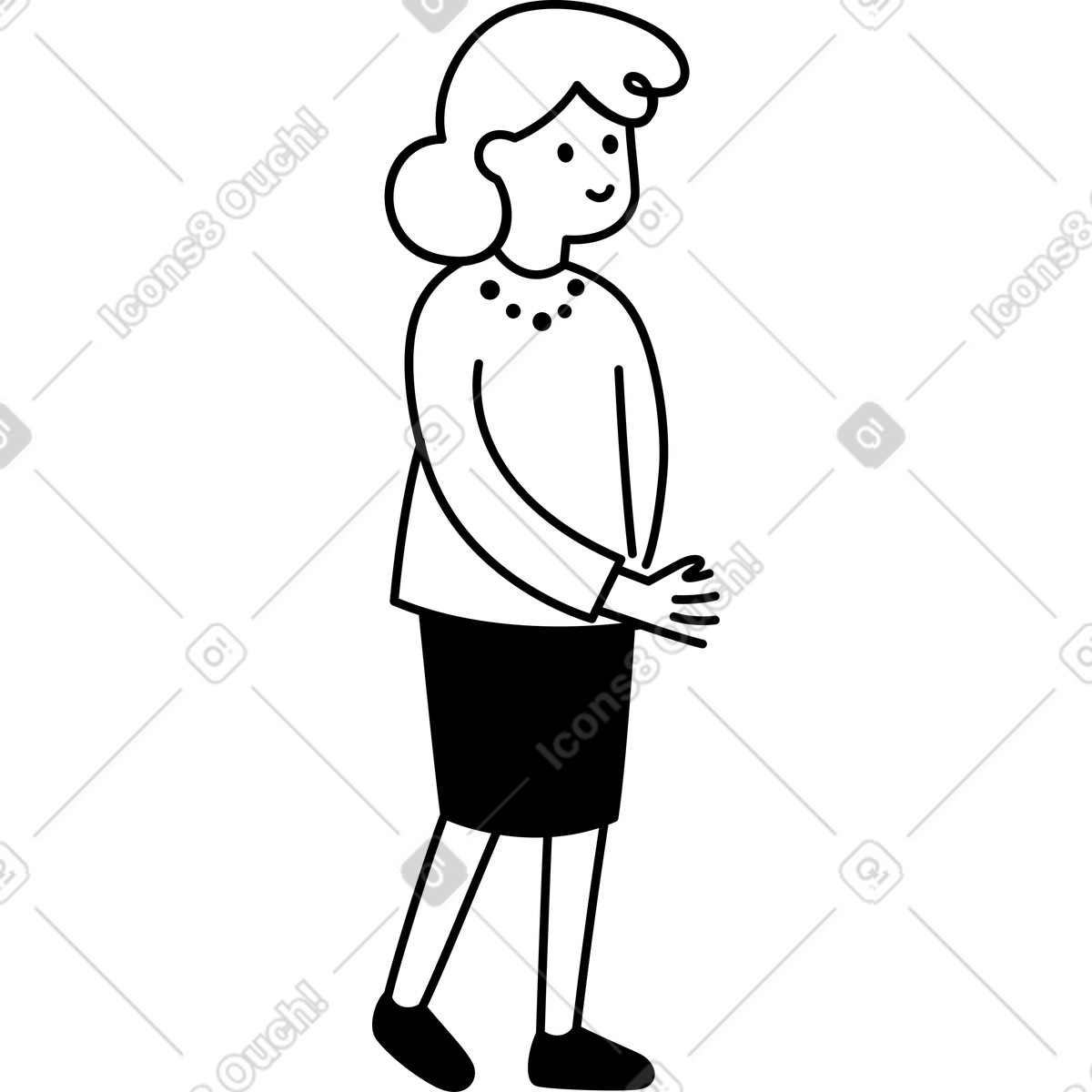 Woman standing upright wearing necklace and skirt with folded hands-Illustration im Notion Line Art-Stil als Download in PNG, SVG