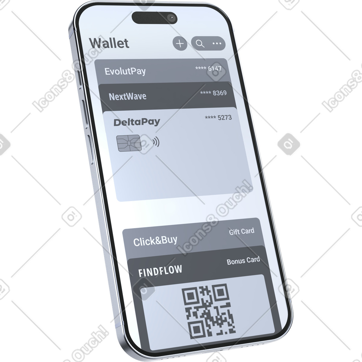 Digital payment management on smartphone wallet app interface illustration in 3D Pro style download in PNG, SVG