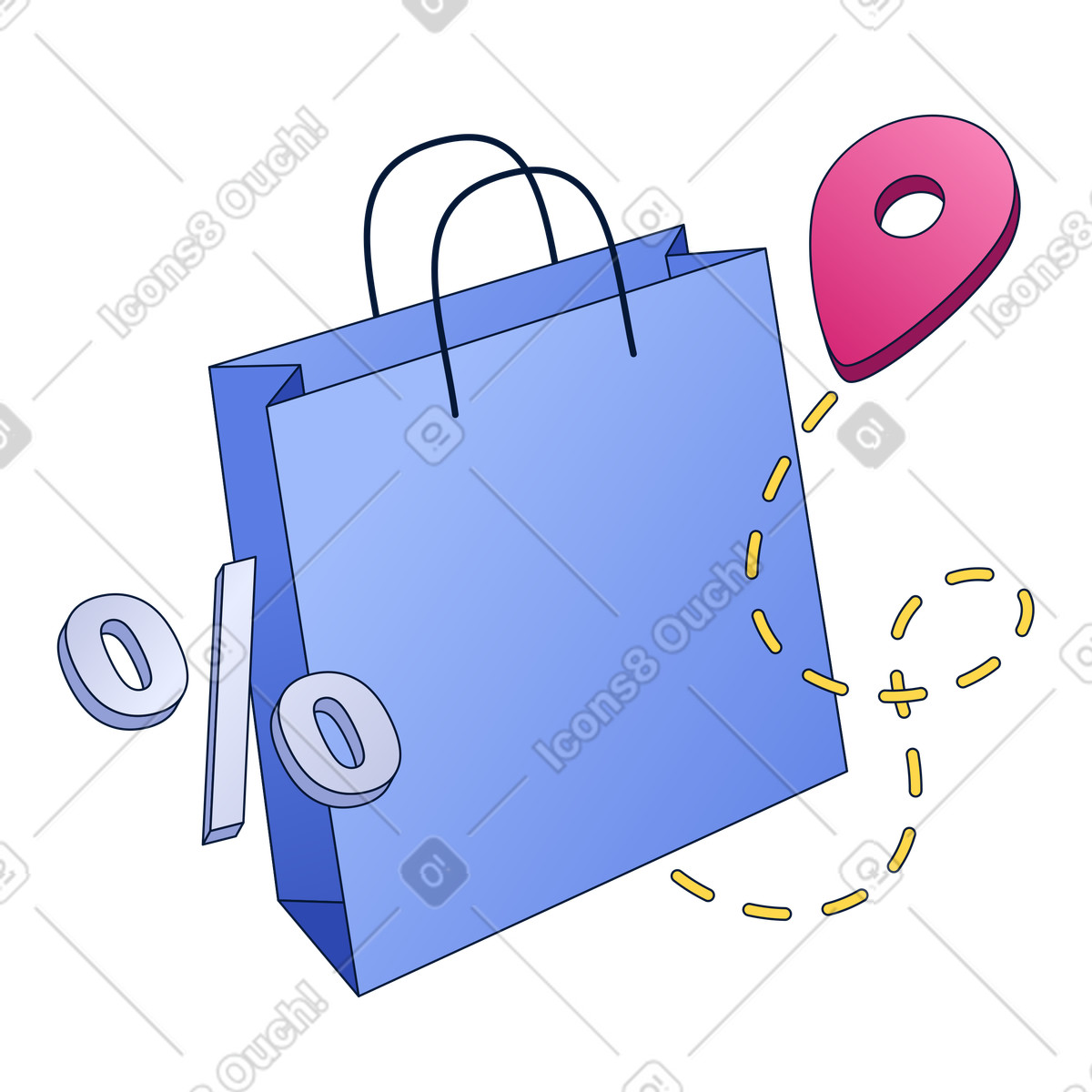 Ilustração de Shopping bag with discount percent symbol and delivery location route em no estilo para baixar em PNG, SVG