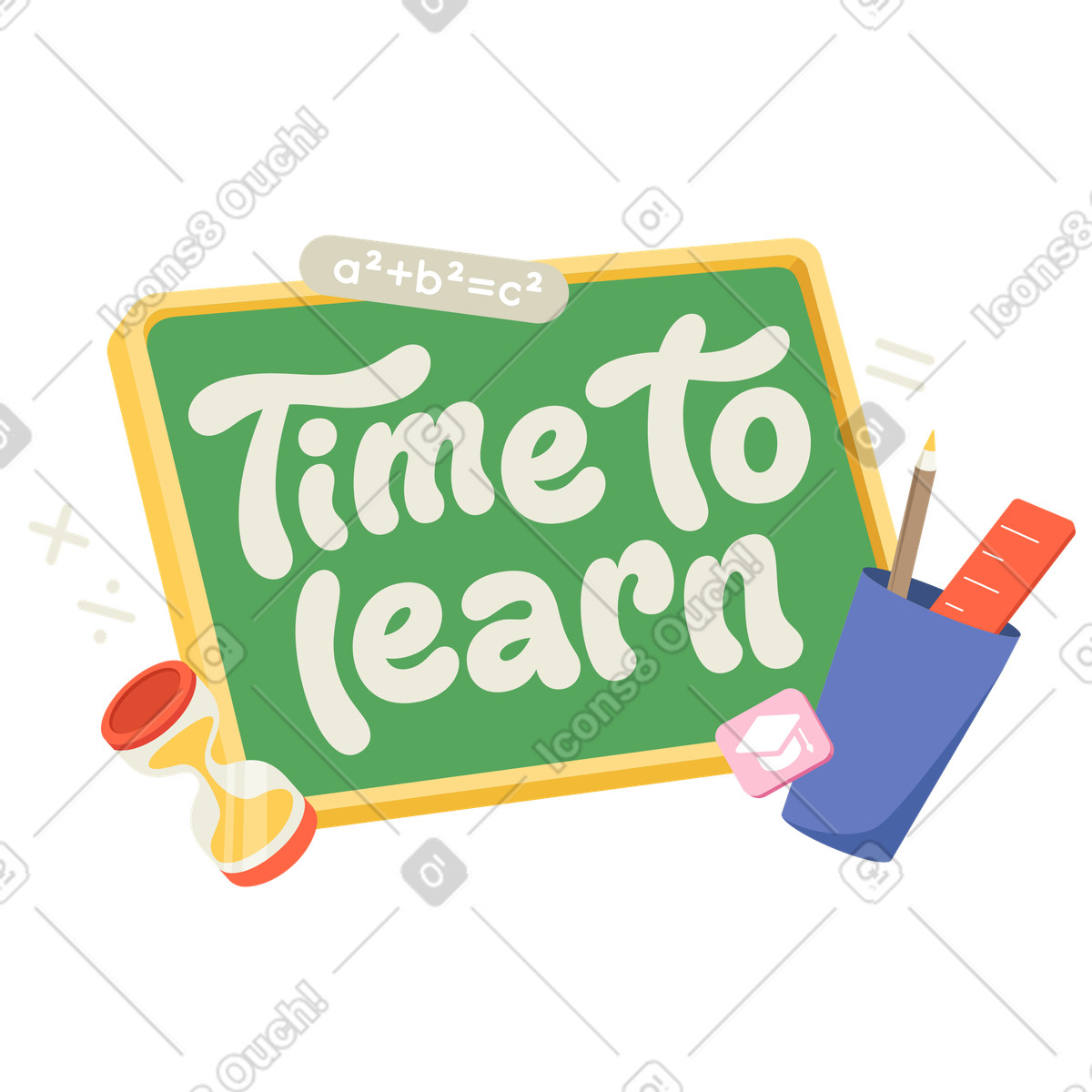 Lettering time to learn con tappo a matita e testo clessidra illustrazione in stile Social scarica in PNG, SVG