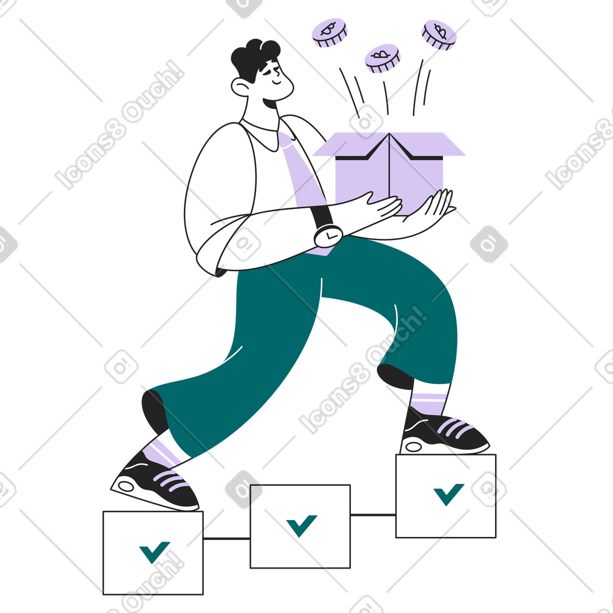 Uomo che sale le scale con una scatola di monete crittografiche illustrazione in stile Sammy Line scarica in PNG, SVG
