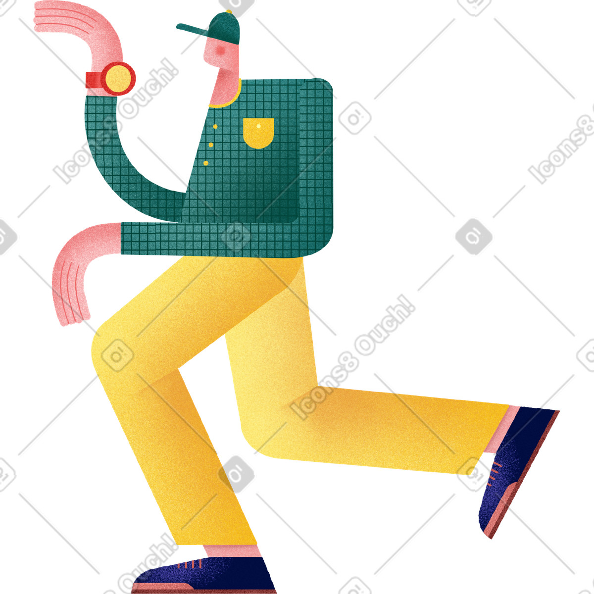 Willowy スタイルの Man in a green shirt and yellow pants with red watch のイラストをPNG、SVG形式でダウンロード