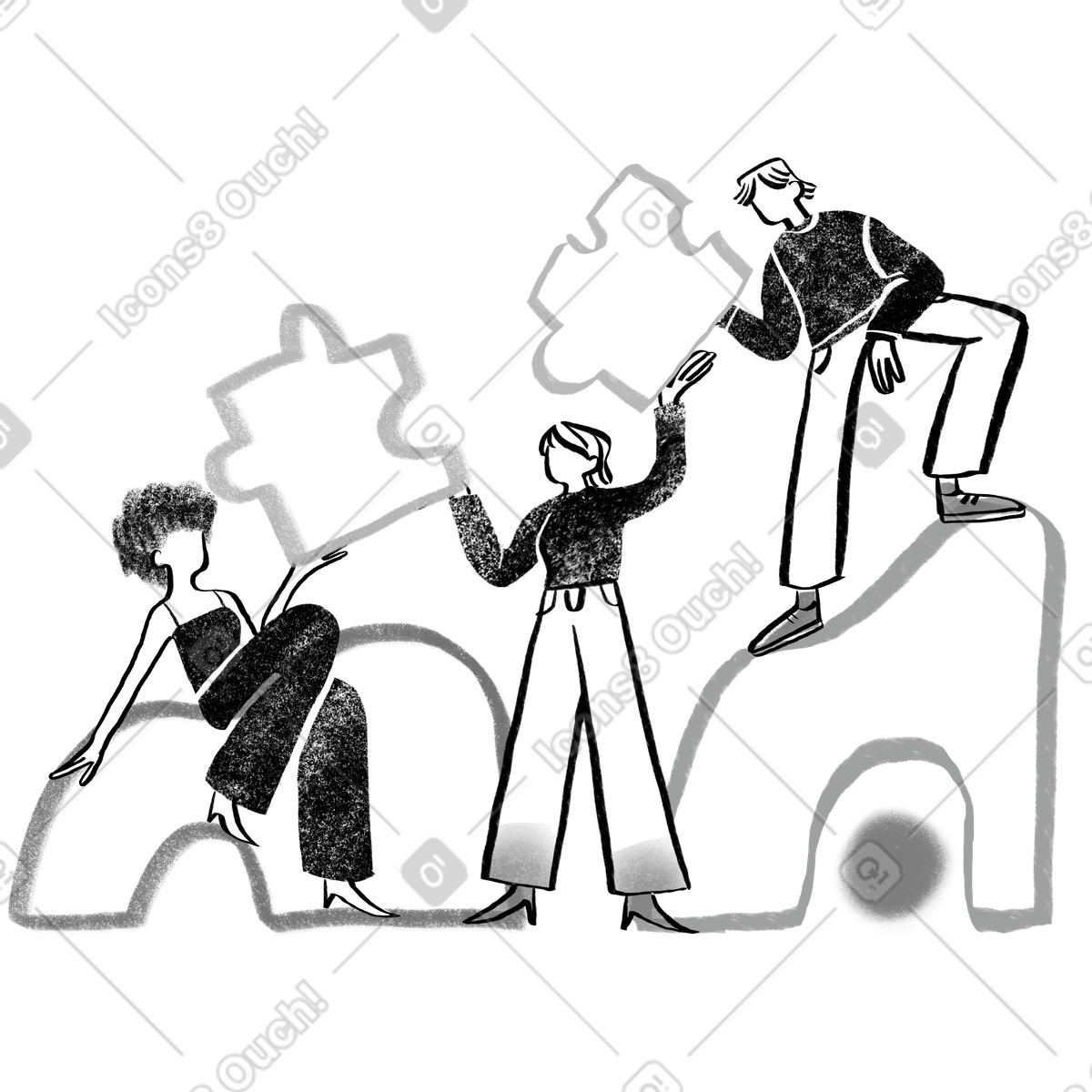 Company 스타일의 Black and white teamwork people passing puzzle pieces to each other 일러스트레이션 PNG, SVG 다운로드