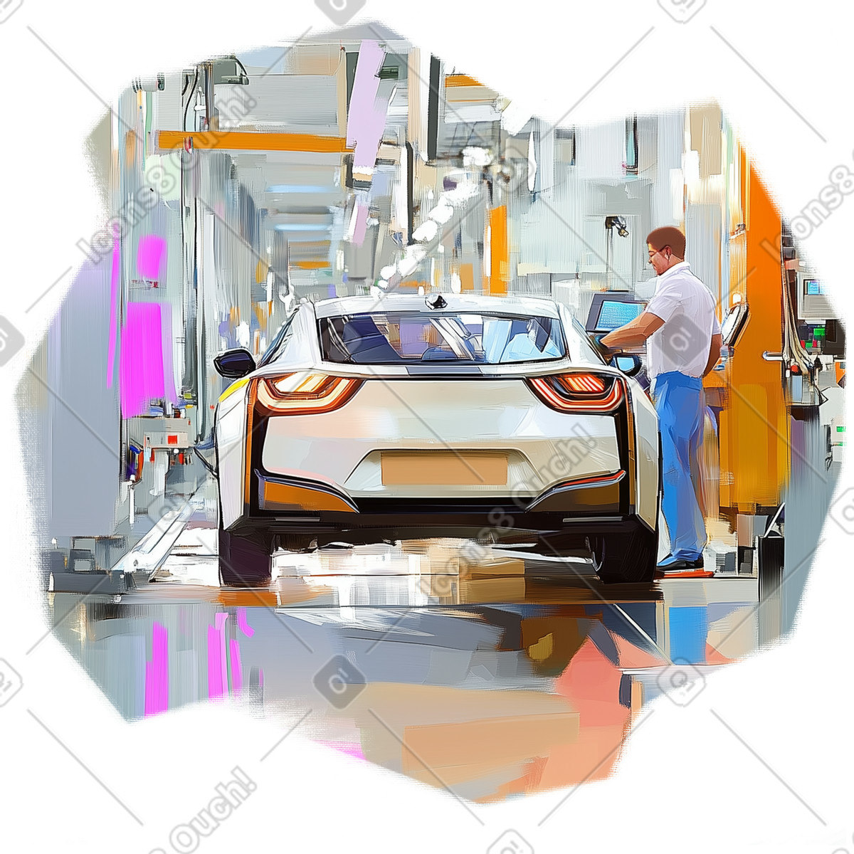 Pictorial スタイルの Oil painting of a modern car assembly line のイラストをPNG、SVG形式でダウンロード