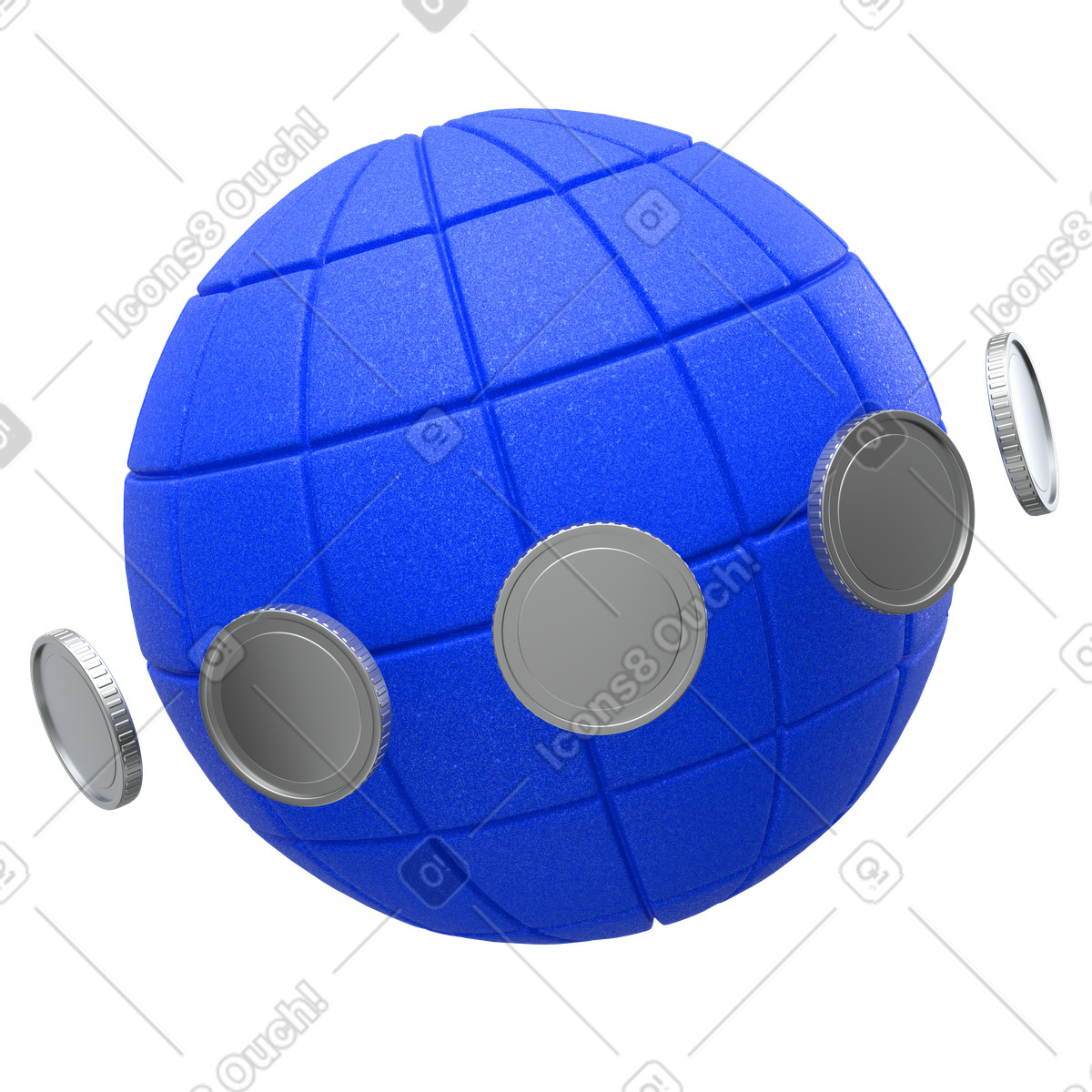 Global currency exchange with coins circling blue globe illustration in 3D Enterprise style download in PNG, SVG
