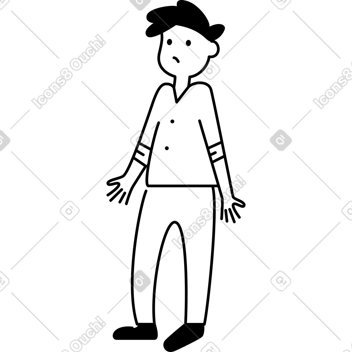 Person shrugging with raised hands and confused facial expression-Illustration im Notion Line Art-Stil als Download in PNG, SVG