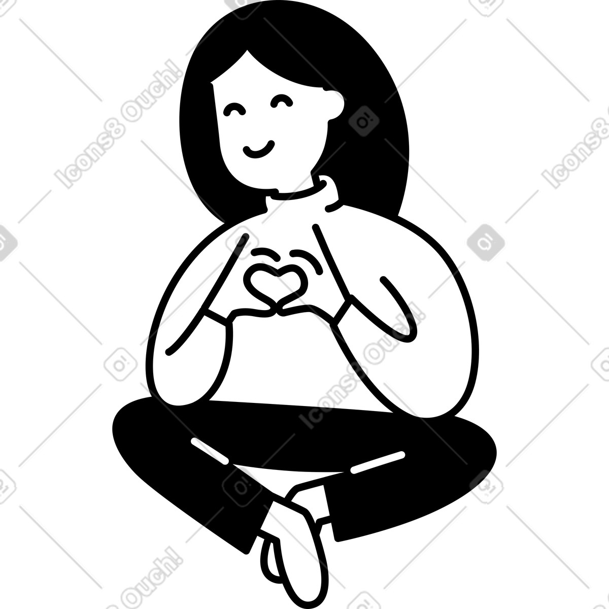 Hands forming heart gesture on relaxed sitting character body-Illustration im Notion Line Art-Stil als Download in PNG, SVG