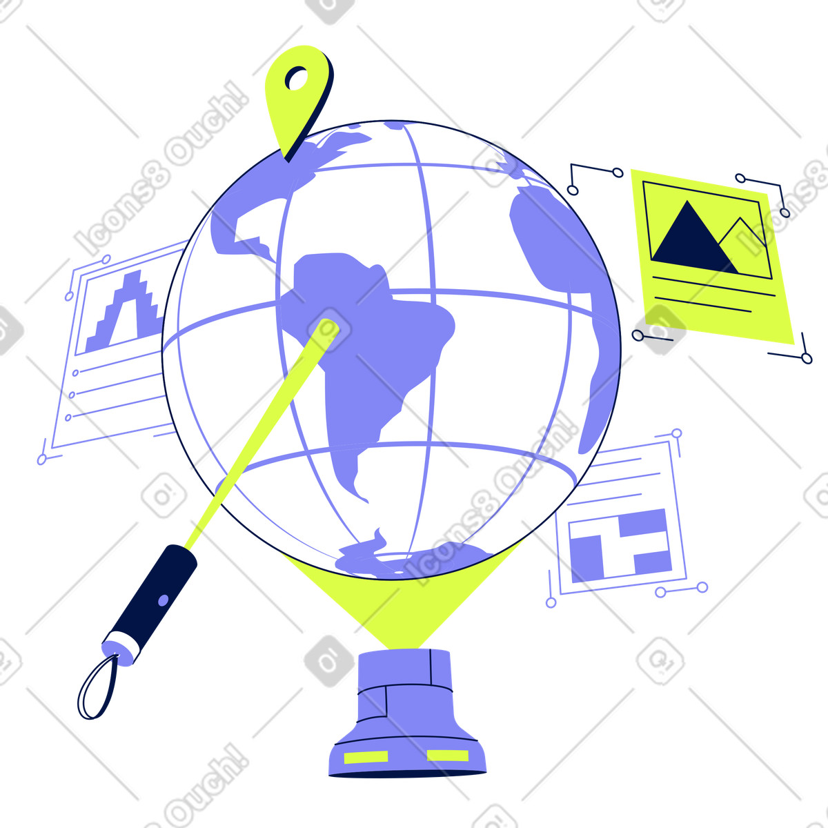 Virtual globe with map marker illustration education technology clipart image for modern learning in PNG