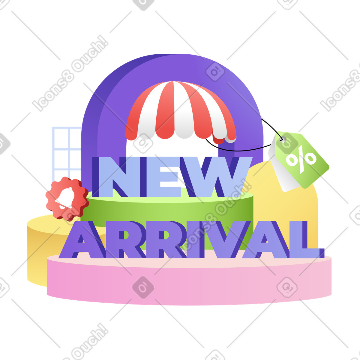 Ilustração de Letras nova chegada com placa notificação e texto cupons em no estilo Levels para baixar em PNG, SVG