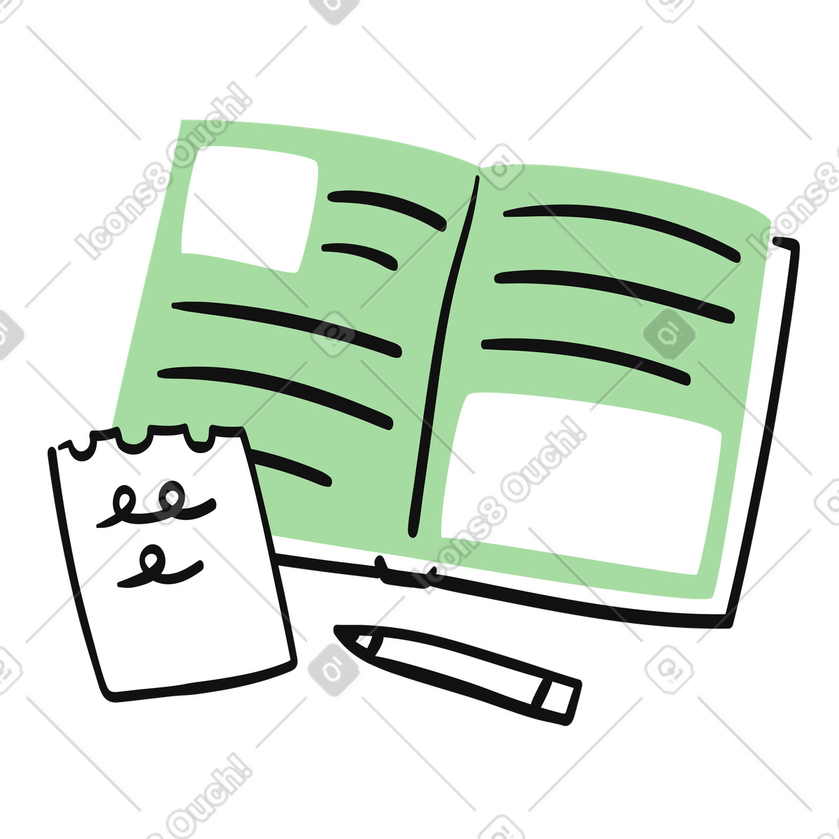 Organic スタイルの Notebook open pages with notepad and pen for study planning のイラストをPNG、SVG形式でダウンロード