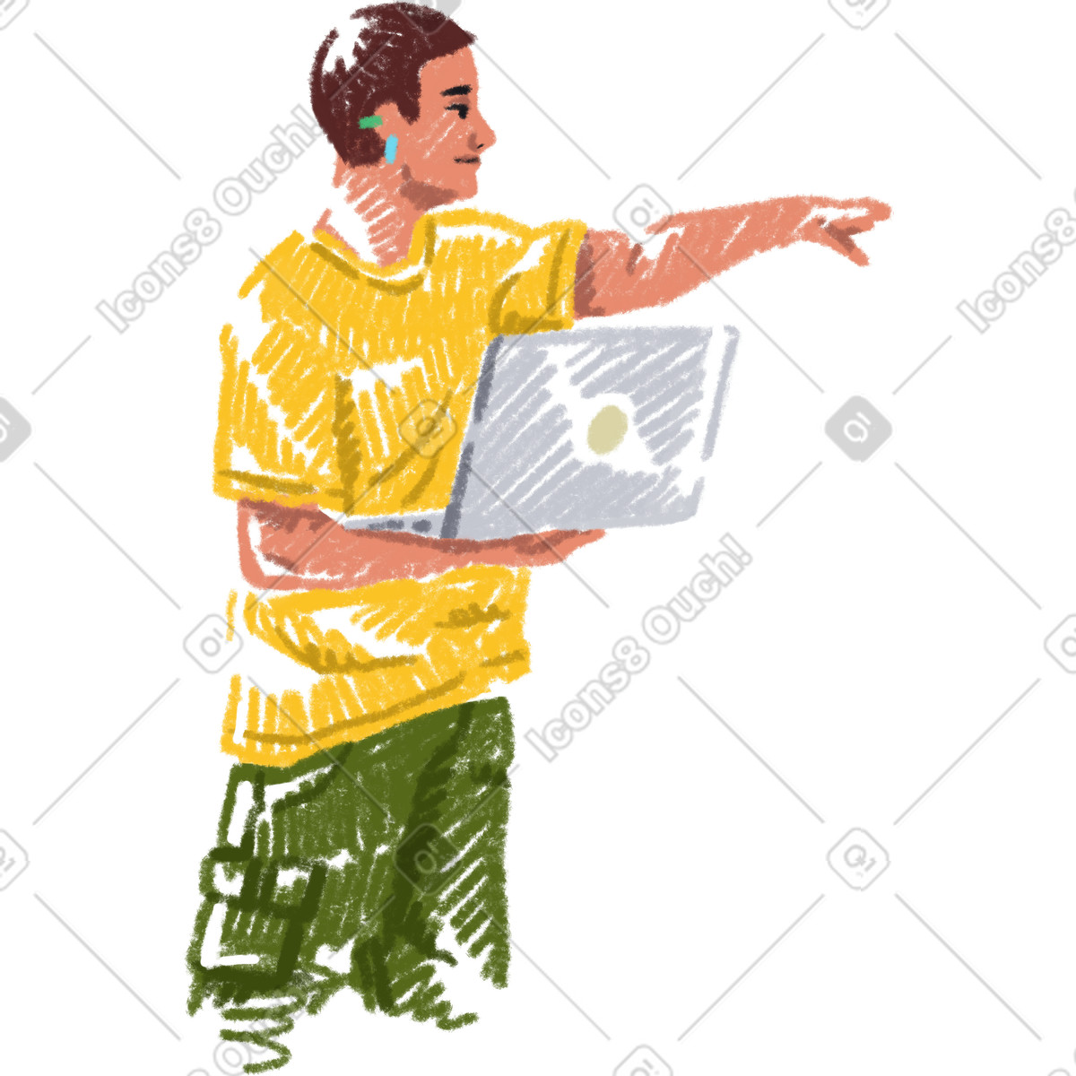 Ilustración Hombre sosteniendo una computadora portátil en estilo Sketchbook a descargar en PNG y SVG
