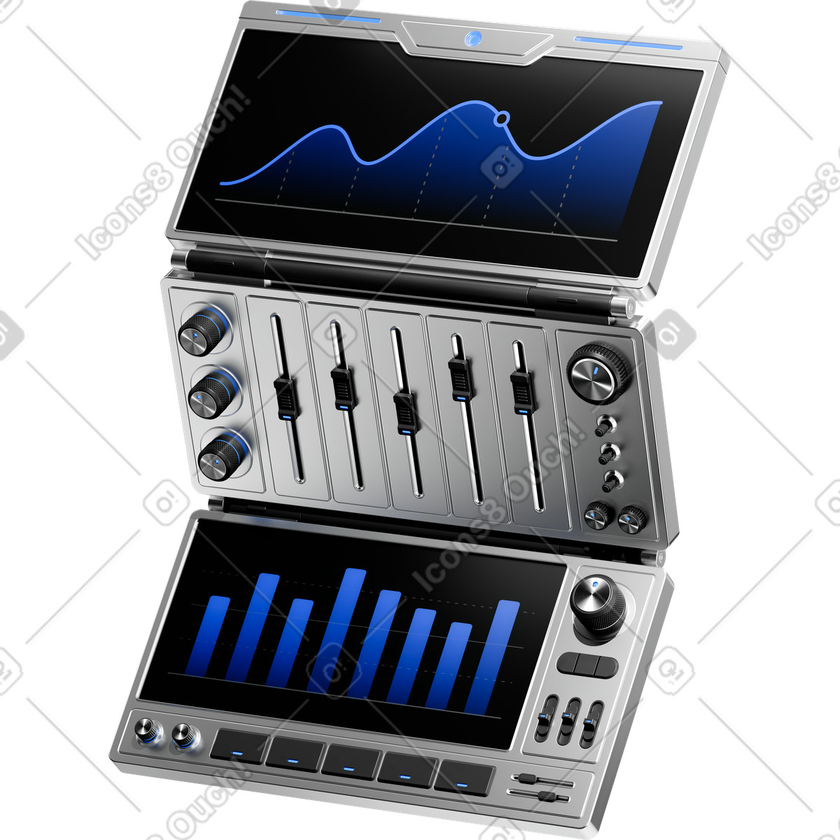 Иллюстрация Dashboard device with line chart screen and audio mixer controls в стиле 3D Pro — скачать в форматах PNG, SVG