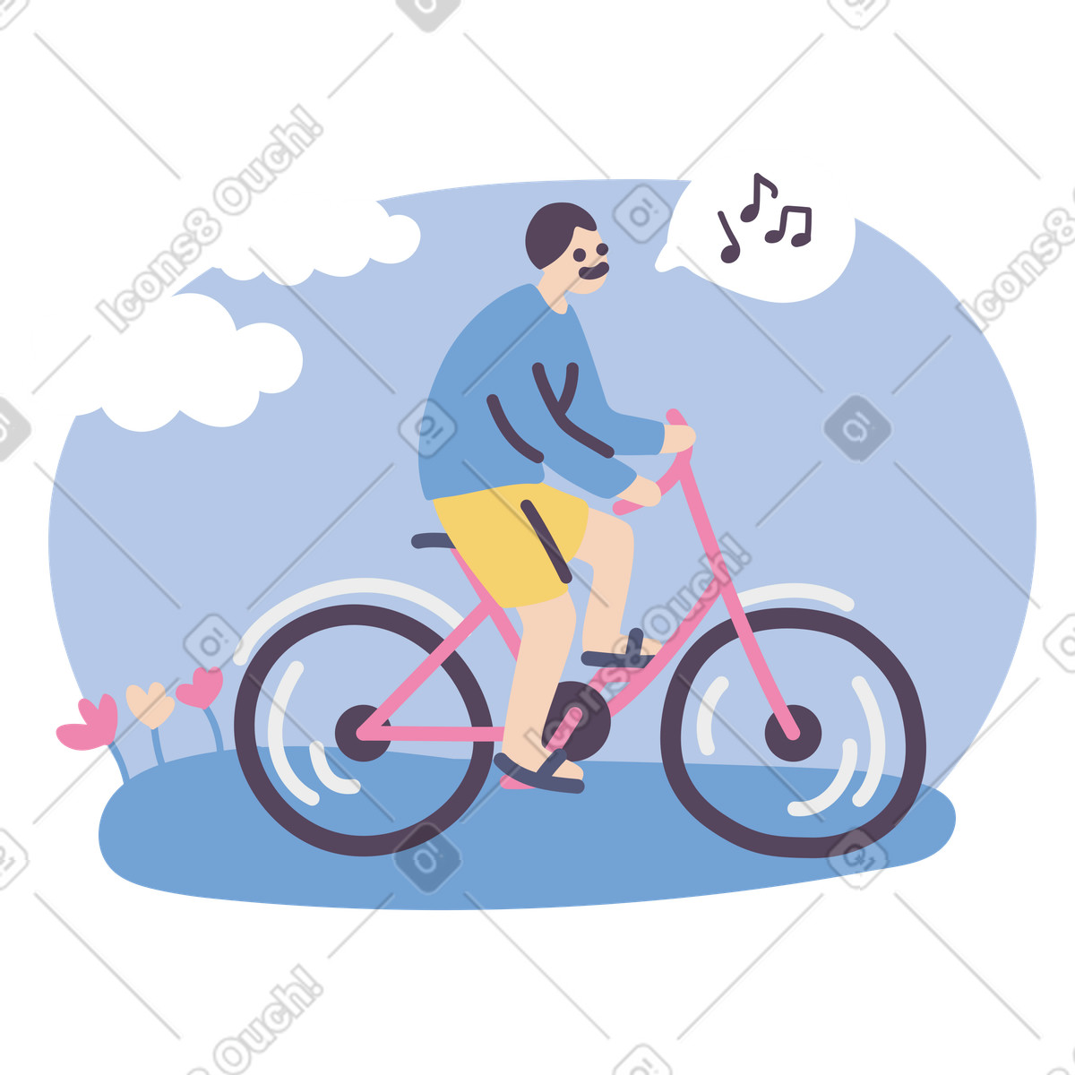 Man riding bicycle and singing song illustration in Pluto style download in PNG, SVG