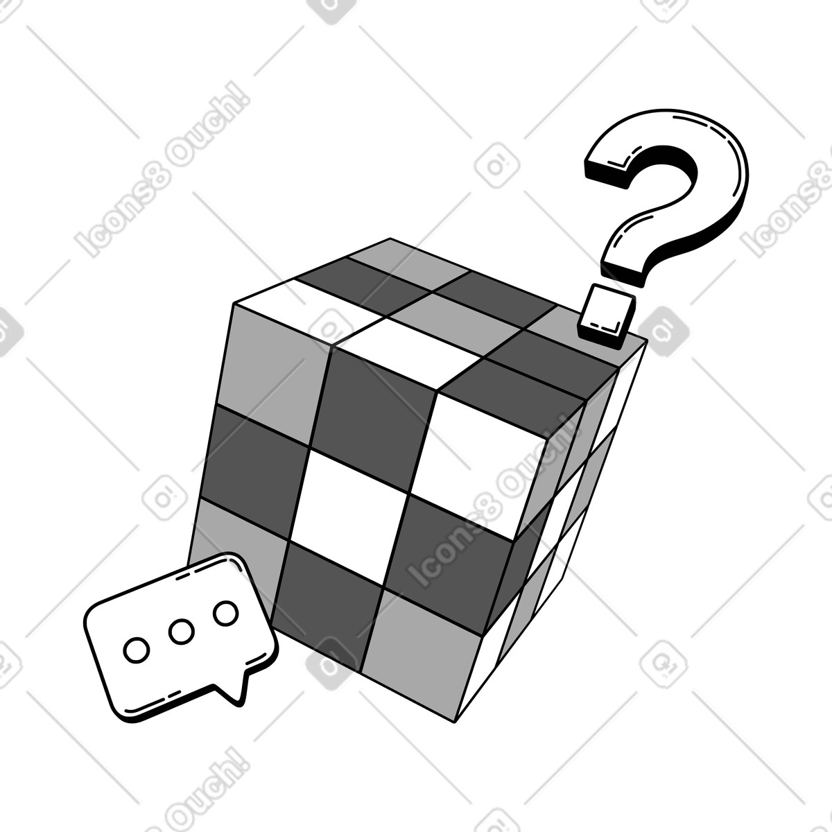 Rubik's cube with question mark and speech bubble, Problem solving complex issue discussion animated illustration in 3D Techny Line style download in GIF, Lottie (JSON), AE
