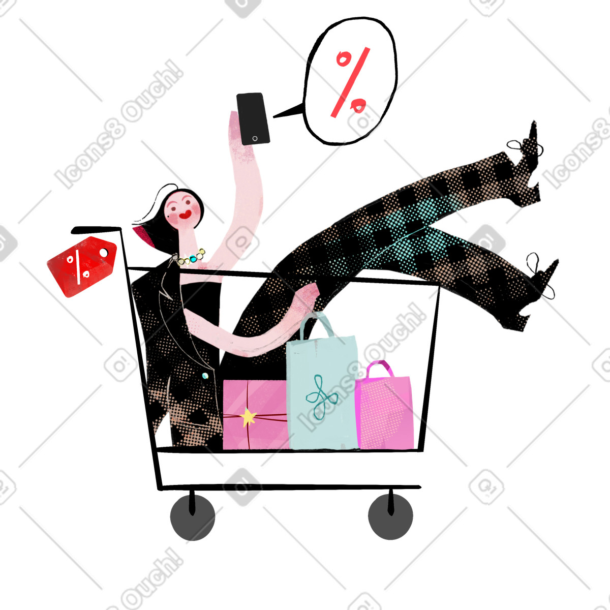 下载 Fabulous 风格的 购物车里的女人在网上购物 插画，支持 PNG、SVG 格式