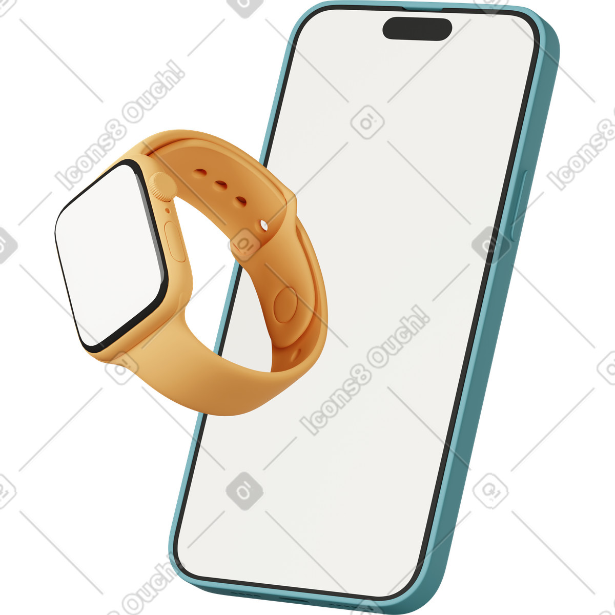 3D Casual life スタイルの Floating smartwatch next to phone, wearable technology and device pairing のイラストをPNG、SVG形式でダウンロード