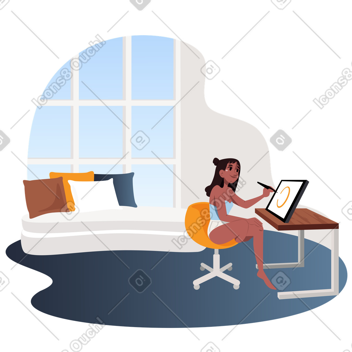 Illustratore di design che lavora da casa in una stanza accogliente illustrazione stile Vivid scarica PNG, SVG