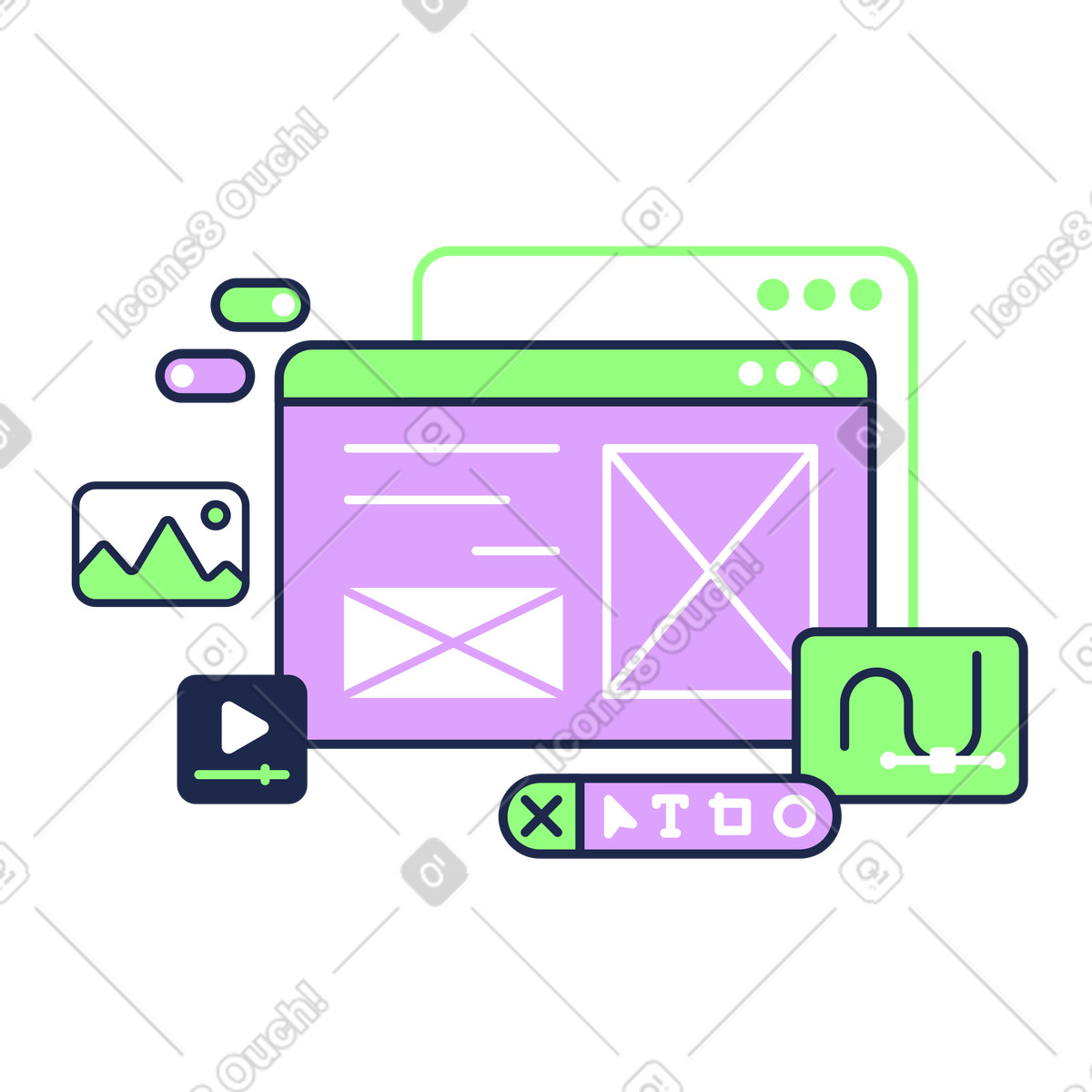 Sito web e grafica con browser, barra degli strumenti toggle illustrazione in stile Outline scarica in PNG, SVG