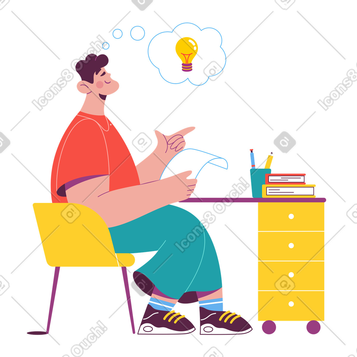 Иллюстрация Student at desk coming up with idea, creative thinking and brainstorming в стиле Sammy — скачать в форматах PNG, SVG