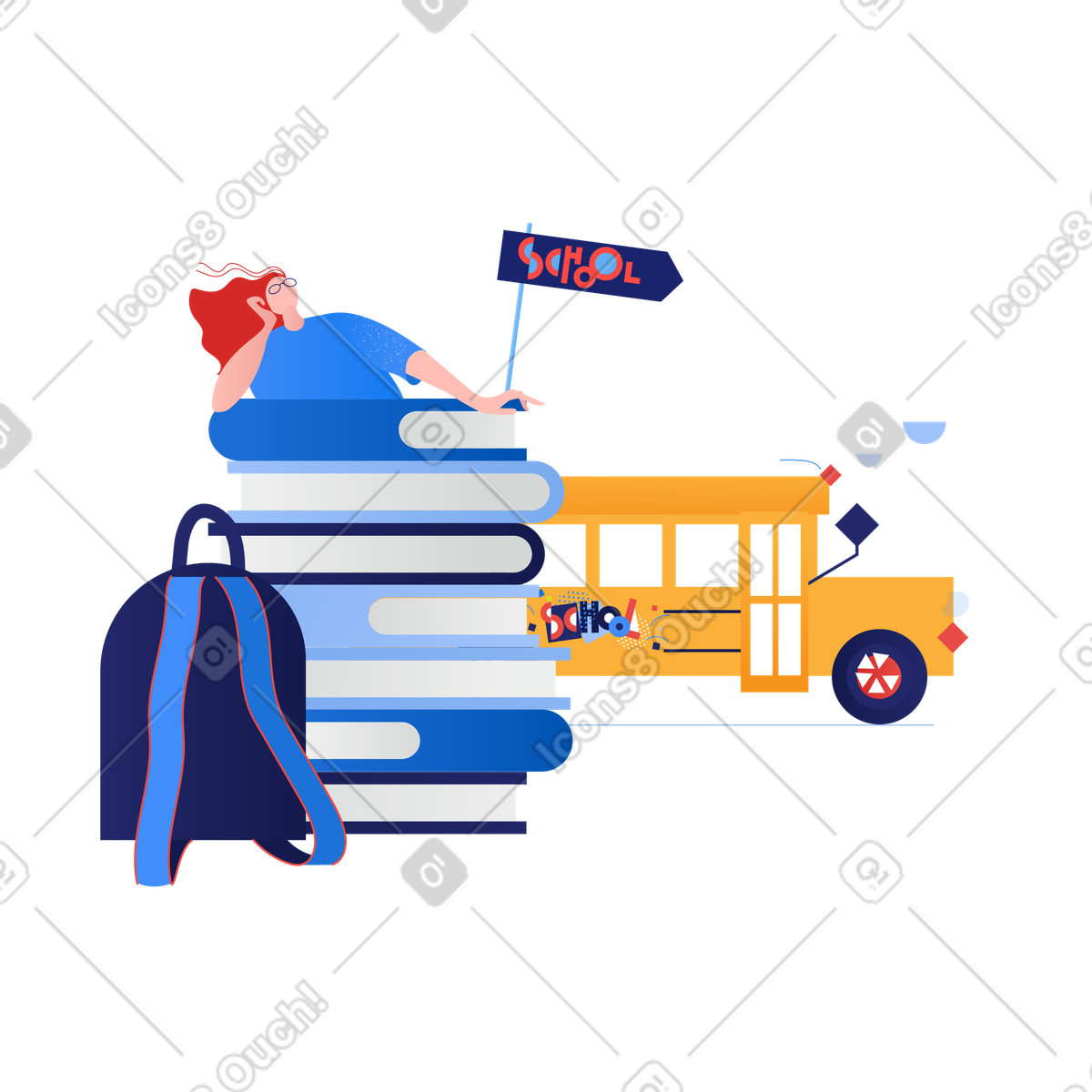 Pupil with textbooks waiting for school bus illustration in Clip style download in PNG, SVG