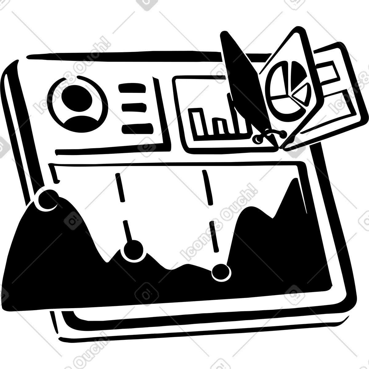 Business analytics dashboard on device screen illustration in Line style download in PNG, SVG