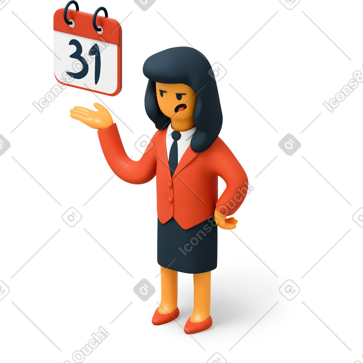 下载 3D Flame 风格的 指着日历的女商人 插画，支持 PNG、SVG 格式