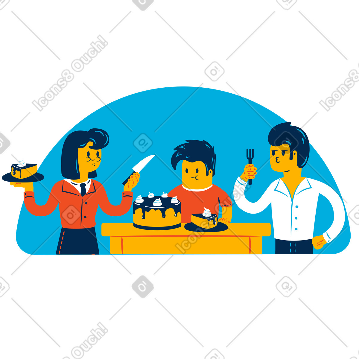 Family cutting up and eating cake illustration in Flame style download in PNG, SVG