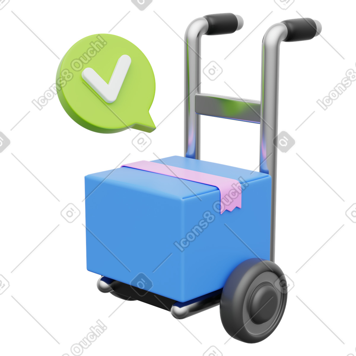 Ilustración Logistics parcel on cart with approved status check mark icon en estilo 3D Playful a descargar en PNG y SVG