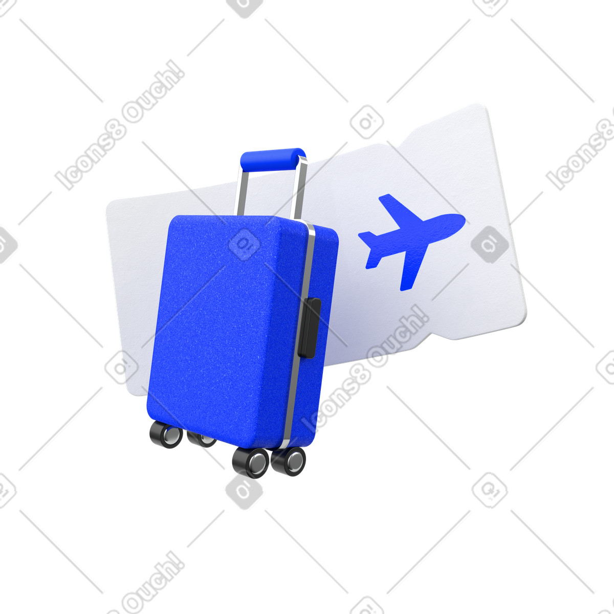 Rolling suitcase with boarding pass, air travel and business trip illustration in 3D Enterprise style download in PNG, SVG