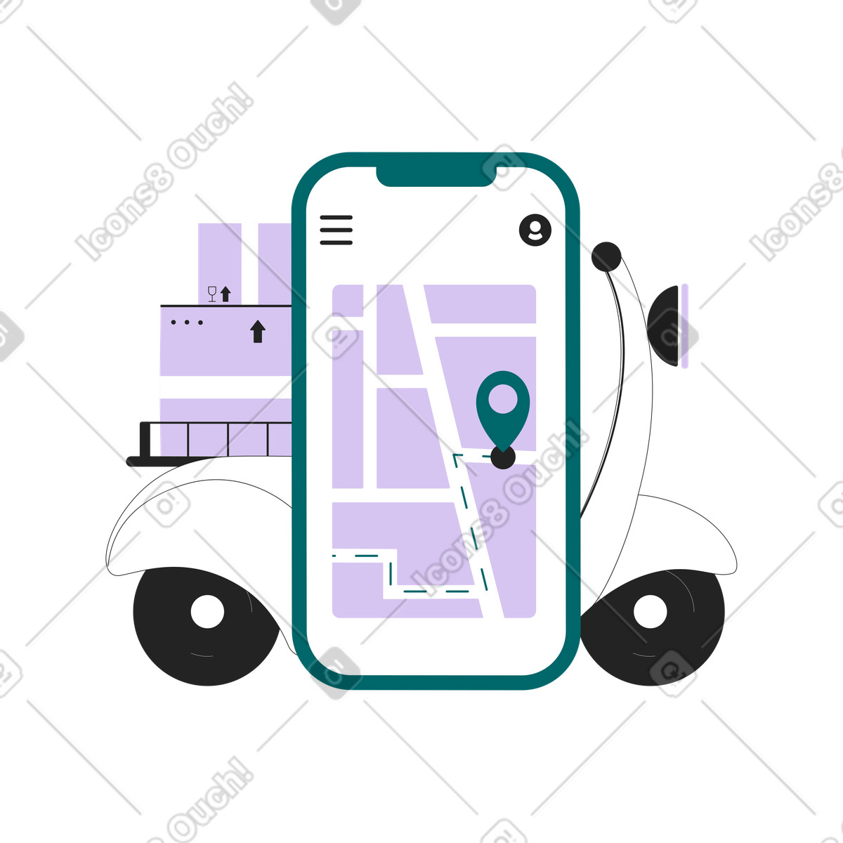Smartphone navigation guiding delivery van, Package tracking with mobile animierte Illustration im Sammy Line-Stil als Download in GIF, Lottie (JSON), AE