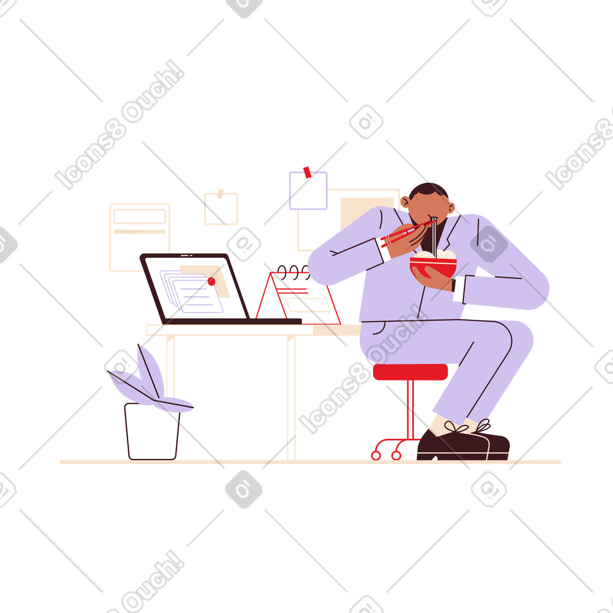 Folks 스타일의 Employee eating lunch in workspace, office routine and meal break 일러스트레이션 PNG, SVG 다운로드