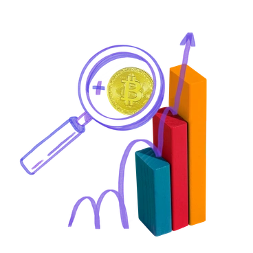 A magnifying glass over a Bitcoin and bar graph - Marker style illustration