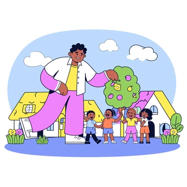 A friendly giant standing tall next to a small group of children in a vibrant village. The giant has a gentle smile and is bending down to help a child reach for a colorful fruit from a tree. The children, laughing and excited, are wearing bright, playful clothing. Surrounding them are quaint village houses with thatched roofs and blooming flowers in the garden. The sky is clear with a few fluffy clouds, creating a cheerful atmosphere.