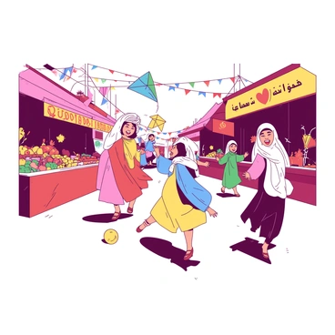 A group of children wearing traditional Arabic clothing is playing joyfully in a vibrant street. The children are laughing and chasing each other, their outfits showcasing a variety of colors and patterns. Some of the children are flying colorful kites, while others are playing with a ball. The street is lined with bright market stalls displaying fresh fruits and spices, creating a lively atmosphere. In the background, there are banners and decorations adding to the festive feeling of the scene.