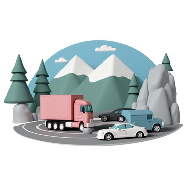 A large car transporter truck, painted in a bright red color, is navigating a winding mountain road. The truck has multiple cars securely loaded on its flatbed, including a shiny black sports car, a silver sedan, and a blue SUV. The mountain road is surrounded by tall, green pine trees, and rocky cliffs loom on either side. In the background, majestic mountains rise under a bright blue sky dotted with a few fluffy white clouds. The scene captures the sense of movement as the truck carefully maneuvers through the curves of the road.