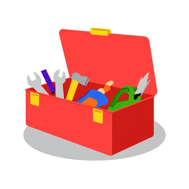 A red toolbox with a hinged lid sits open, revealing an organized interior. On one side, there are four distinct tools: a silver wrench, a yellow screwdriver, a blue hammer, and a green pliers, all neatly arranged. On the opposite side, three tools are displayed: a black tape measure, a purple chisel, and an orange saw. The tools are positioned in a manner that clearly illustrates the fraction "4/3." The toolbox is set against a light gray surface for contrast.