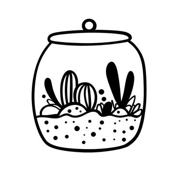 A glass terrarium filled with various miniature desert plants like cacti and succulents. The interior is lined with fine white sand, creating a contrasting texture with the plants. Some pebbles and small decorative stones are scattered throughout the sand. The terrarium is enclosed with a glass lid, allowing for a clear view of the arrangement inside. The background features a simple surface that highlights the terrarium's contents.