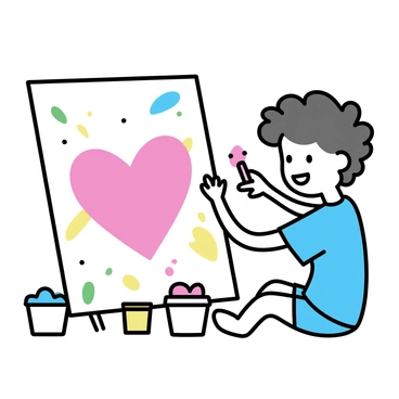 A child, around five years old, sits on the floor with a large canvas in front of them. They have curly brown hair and are wearing a blue t-shirt covered in splatters of paint. The child is using their fingers to paint a large heart in bright red on the canvas. The heart is surrounded by splashes of yellow, green, and blue finger paint. Their hands are messy with paint, and there are several containers of finger paint in varying colors scattered around them. The setting is bright and cheerful, with natural light illuminating the scene.