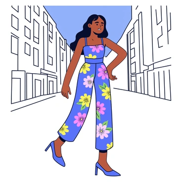 A fashionable jumpsuit covered in colorful flowers, illustrated on a model walking in a city.