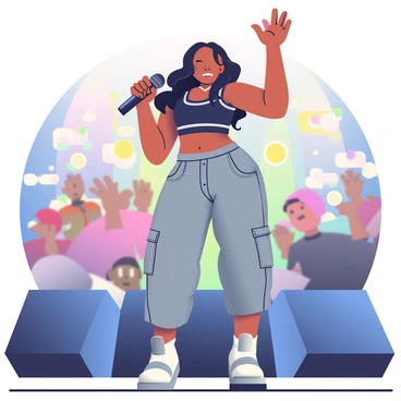 Aaliyah is on stage, performing with energy and confidence. She has long, dark hair styled in loose waves cascading over her shoulders. She is wearing a cropped black top with silver accents and low-rise baggy cargo pants, embodying her iconic 90s style. Aaliyah holds a shiny black microphone in her right hand, and her left hand is raised in a dynamic gesture. The stage is illuminated with colorful lights, creating a vibrant atmosphere. Behind her, there are large speakers and a cheering crowd, immersed in the performance.