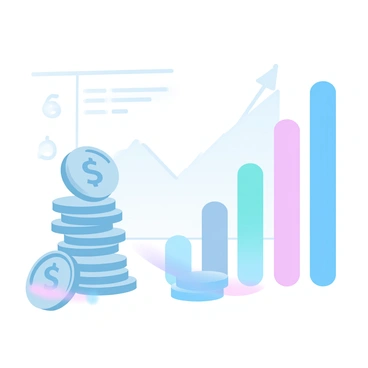 A stack of coins arranged in ascending order sits beside a bar graph with bars rising progressively. The coins display various denominations, with the largest coin at the top of the stack. The bar graph consists of several colorful bars, each taller than the previous one, indicating a steady increase. A financial chart is partially visible in the background, enhancing the context of finance and growth. The entire scene is presented in gradient pastel colors.