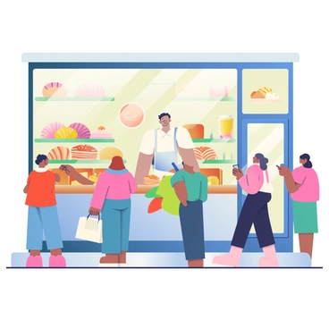 A small bakery is filled with activity. The exterior of the bakery features large glass windows showcasing a variety of colorful pastries, including croissants, éclairs, and fruit tarts. Inside, a baker with light skin and a white apron is arranging fresh bread on a wooden counter. In front of the bakery, several customers are standing in line, eagerly waiting to place their orders. Some customers are holding shopping bags, while others are checking their phones. The atmosphere is lively, with a warm glow from the bakery lighting illuminating the scene.