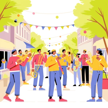 A cheerful brass band playing music on a busy street during a festive celebration. The band consists of musicians wearing bright, colorful uniforms, each playing a different brass instrument like trumpets, trombones, and tubas. Balloons and streamers are decorations hanging from nearby buildings. A lively crowd of people, young and old, is gathered around, clapping and dancing to the upbeat music. Sunlight filters through the trees lining the street, creating a warm and vibrant atmosphere.