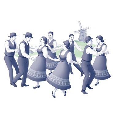 A group of individuals dressed in traditional Dutch attire is engaged in a lively folk dance. The men are wearing black trousers, white shirts, and dark vests, along with distinctive hats. The women are in long skirts with intricate patterns, white blouses, and bonnets. They are arranged in a circular formation, their arms linked as they move energetically. Some dancers are in mid-step, capturing the rhythm of the music, while others smile joyfully, showcasing the festive atmosphere of the event. The background features a rural setting with a windmill and green fields, adding to the cultural essence of the scene.
