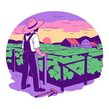 A farmer wearing a wide-brimmed straw hat is standing in a field, gazing towards rows of green crops growing steadily. The sky above is filled with a vibrant mix of orange and purple colors as the sun sets on the horizon. The farmer's hands are resting on a wooden fence post, and there are a few scattered tools lying on the ground nearby. In the distance, a small barn with a red roof is visible, silhouetted against the colorful sky. The peaceful scene captures the essence of hard work and the anticipation of a fruitful harvest.