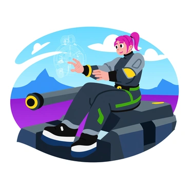 A girl with vibrant hair wearing an armored suit sits confidently on a futuristic tank. She interacts with a glowing holographic interface that hovers in front of her, displaying various high-tech data and graphics. The tank has sleek, angular designs with glowing accents, emphasizing its advanced technology. The background features a landscape with a mix of urban and natural elements, showcasing a blend of technology and nature. The girl's expression is focused as she navigates the interface, with bright lights reflecting off her suit.