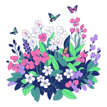 A vibrant garden filled with an abundance of flowering plants in various shapes and sizes. The flowers are blooming in clusters, showcasing a mixture of colors. Butterflies of different species are fluttering among the flowers, some resting on the petals while others are mid-flight with their wings spread wide. The scene captures a lively interaction between the butterflies and the blossoms, creating a dynamic atmosphere of nature in full bloom.