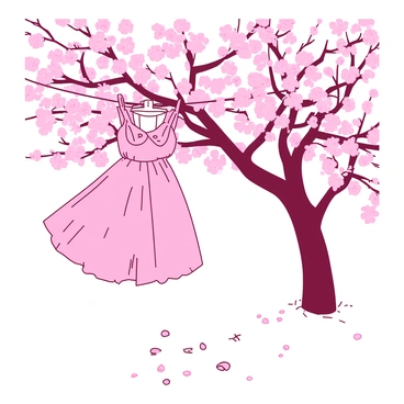 A soft pink dress inspired by cherry blossoms, set against a backdrop of blooming cherry trees.